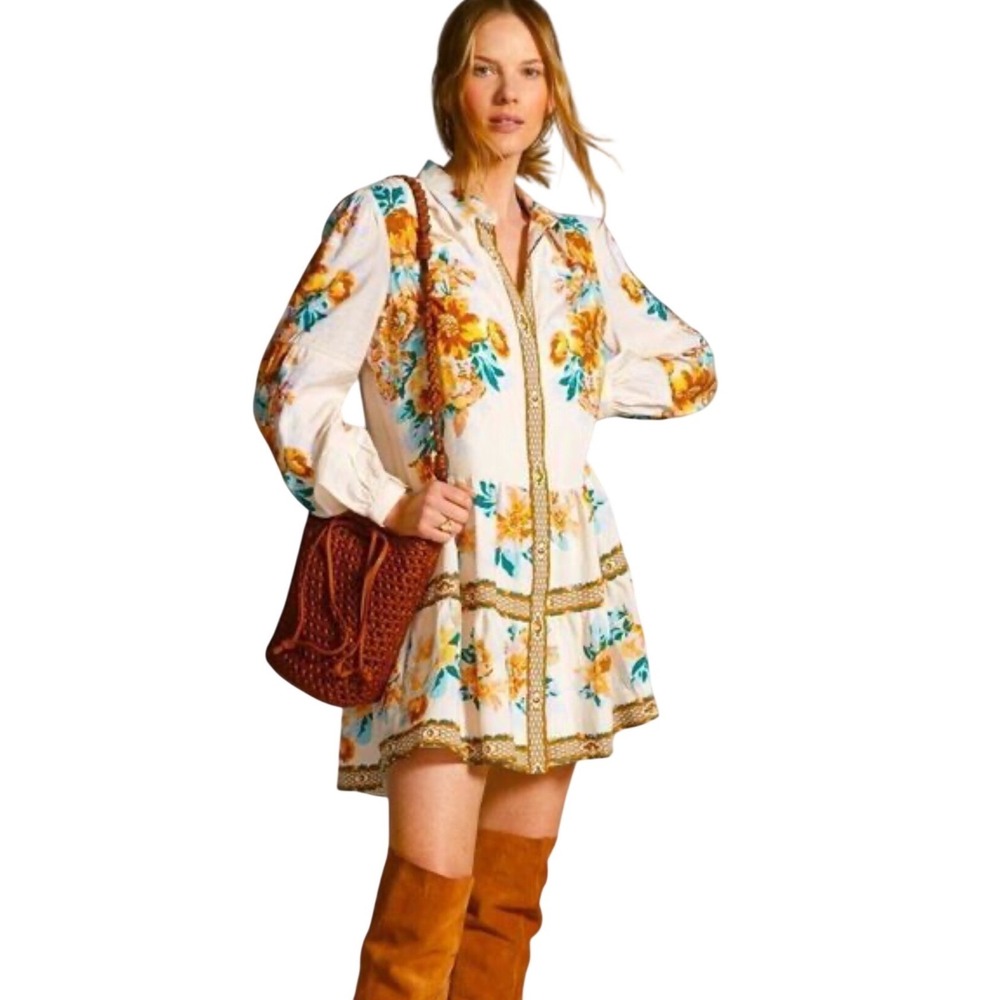 Anthropologie Floral Tiered Mini Shirt Dress Womens Medium Boho Cottagecore